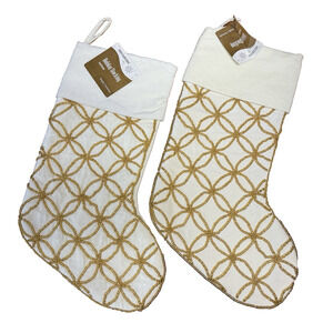 2 Beaded Christmas Stockings Velvet Velveteen Cream Color Gold Tone Beads NWT